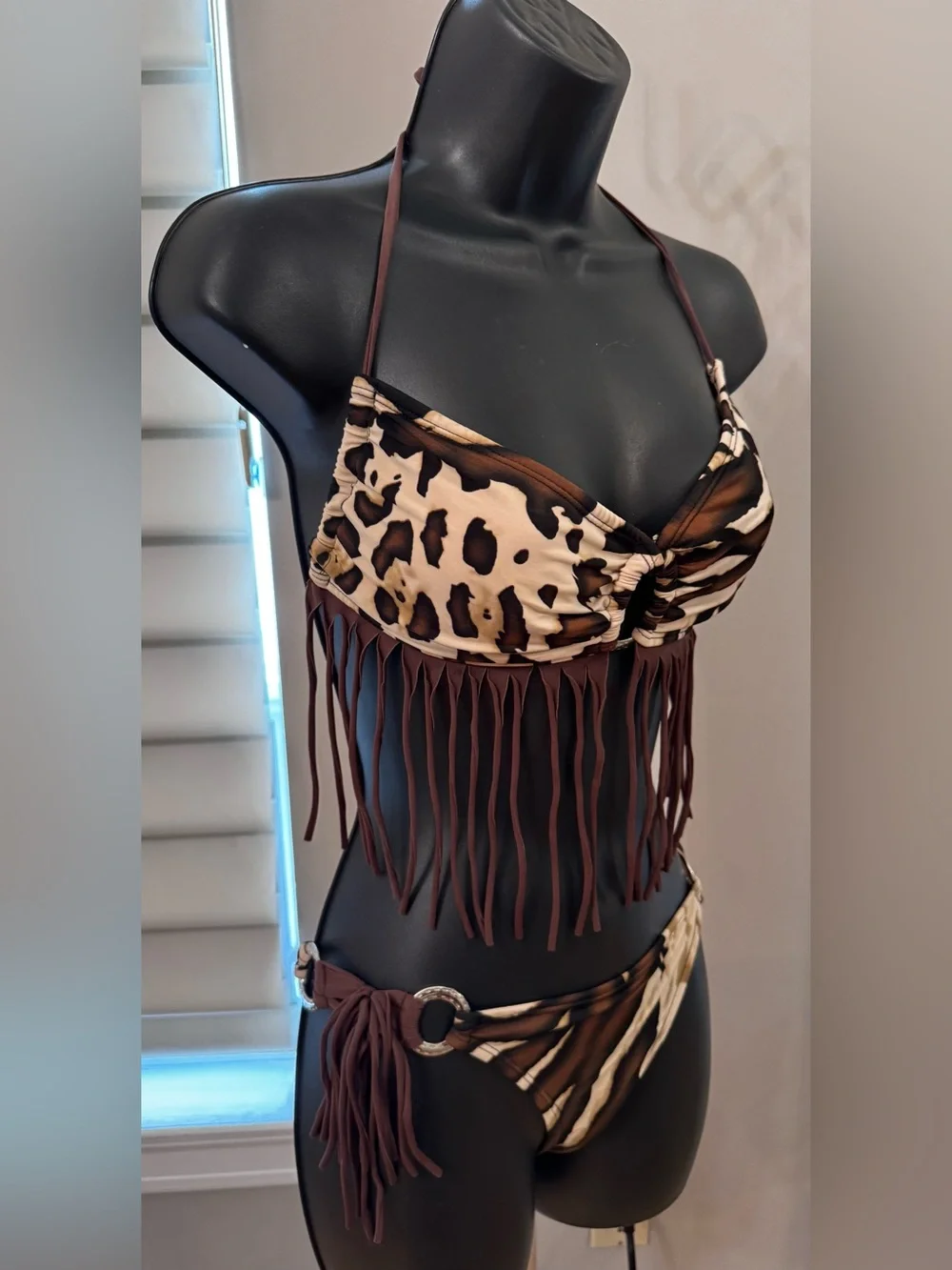 Carla’s Closet C-Girl Brown Fringe Leopard -Print Bikini